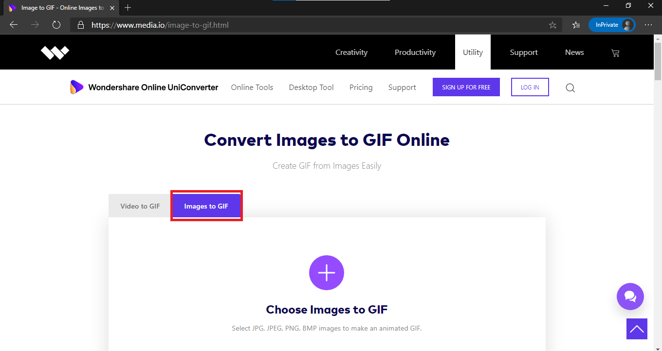 Wondershare: Select option Images to GIF